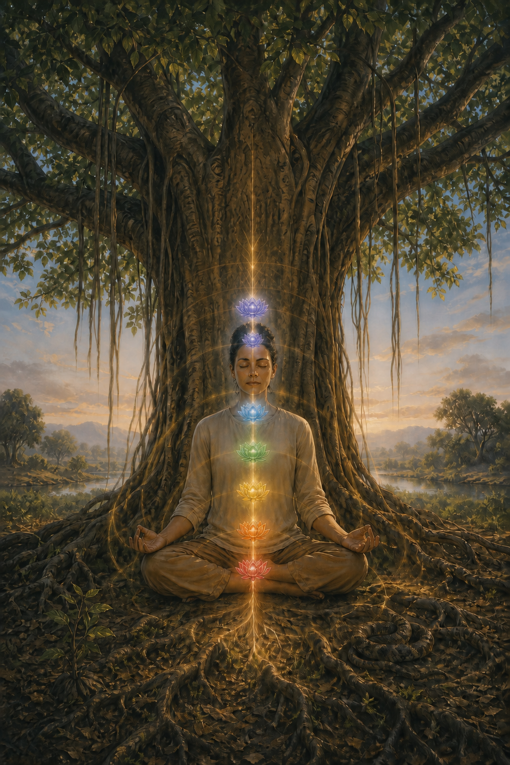 A person meditates beneath a banyan tree with seven softly glowing lotus forms along the body's central axis and a serpent resting near the roots.