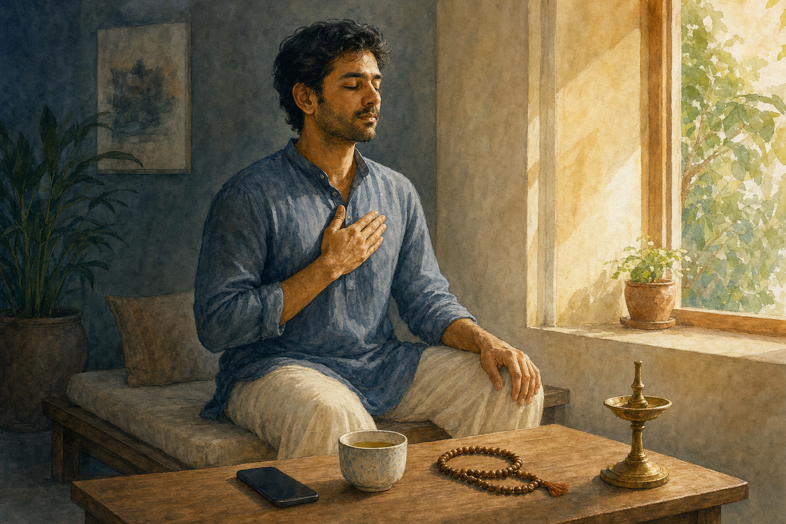 A seated person pauses with eyes closed and one hand on the chest beside a phone, tea, prayer beads, and a brass lamp in a softly lit room.