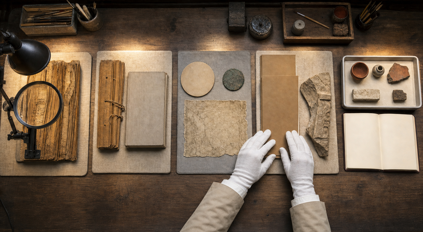 Five adjacent research stations show source inspection, language comparison, chronology checking, corroboration, and cautious interpretation using archival objects.