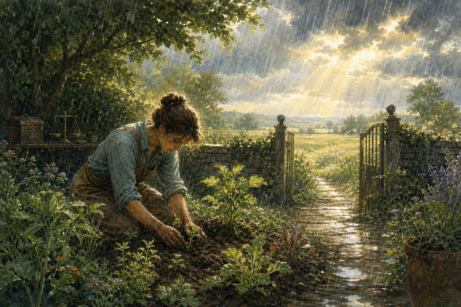 A gardener tends plants while rain and sunlight cover the whole garden, with unused scales and a coin chest in the background and an open gate beyond.