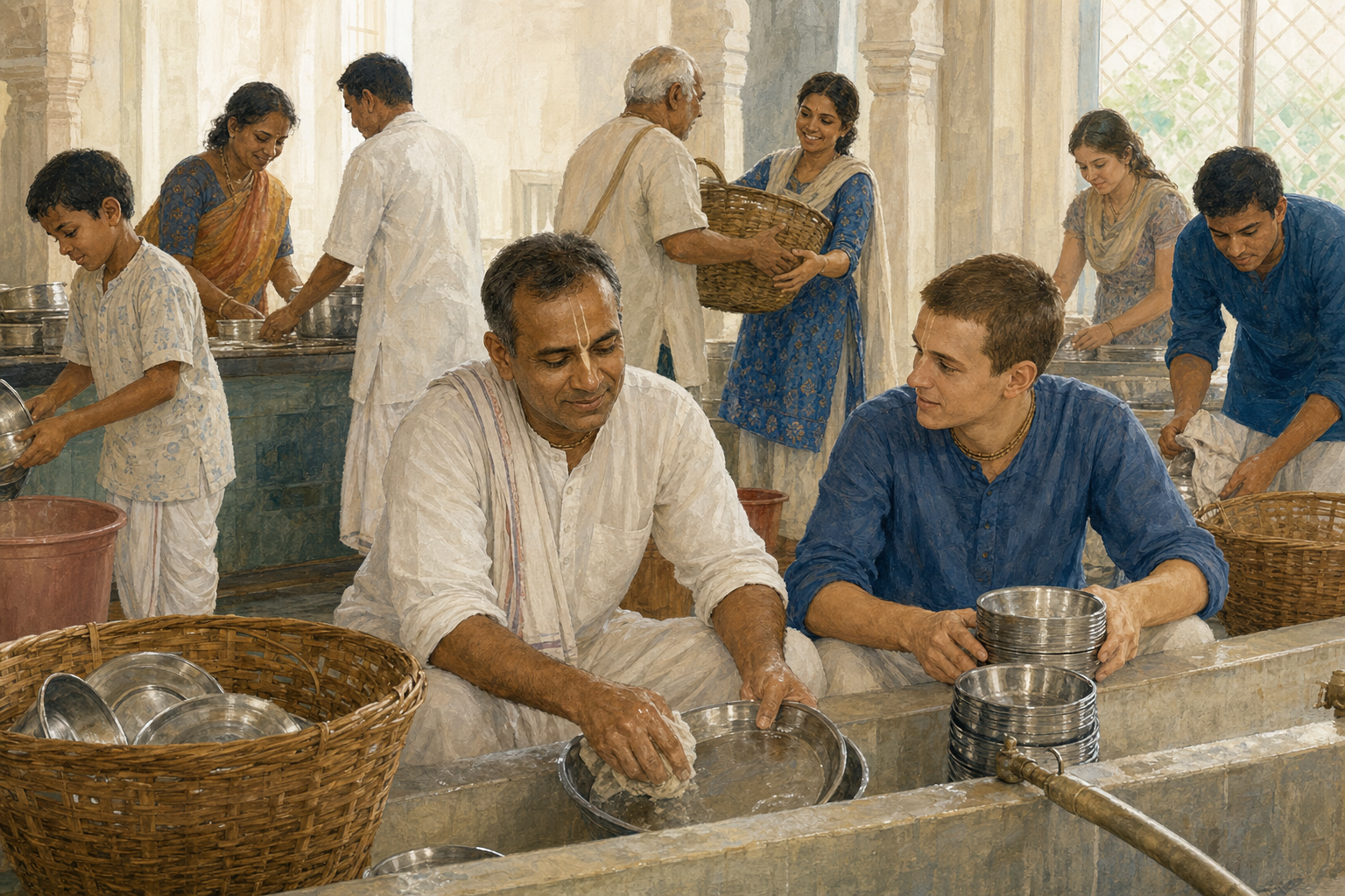 An experienced Vaishnava devotee calmly washes plates with other volunteers as a newcomer helps and observes in a temple community kitchen.