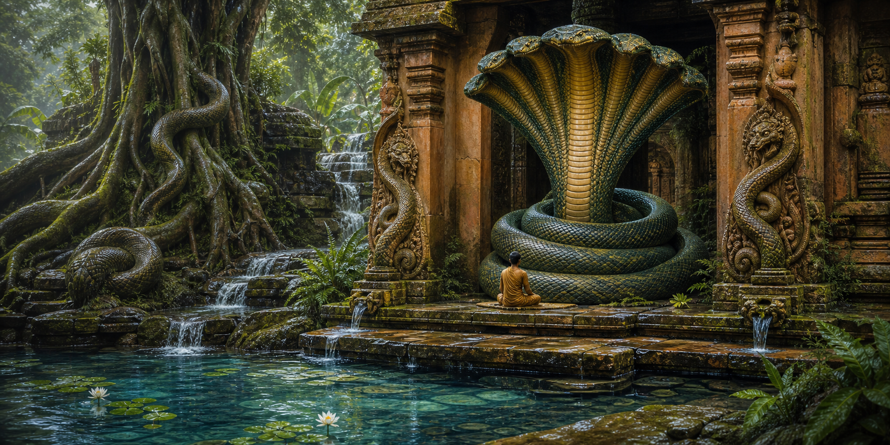 A multi-hooded naga shelters a seated contemplative beside a temple pool, with serpent forms appearing in the doorway, water, earth, and tree roots.