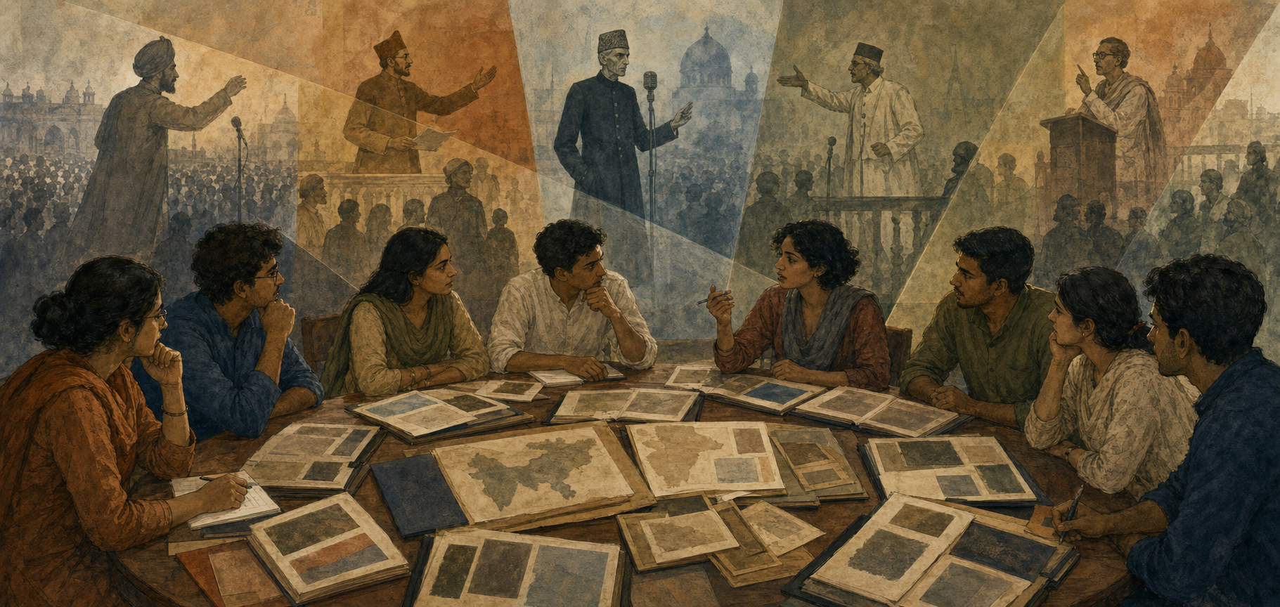 Students compare archival portfolios while overlapping silhouettes of several early-20th-century political speakers and crowds appear behind them.