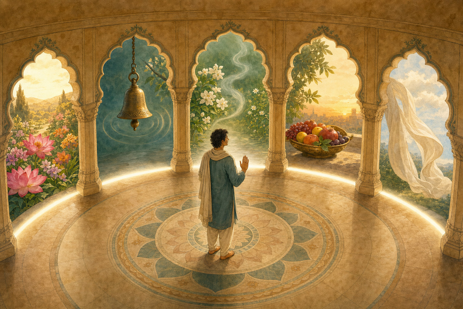 A calm person stands in a circular pavilion surrounded by five archways opening toward flowers, a bell, jasmine, fruit, and wind-blown fabric.