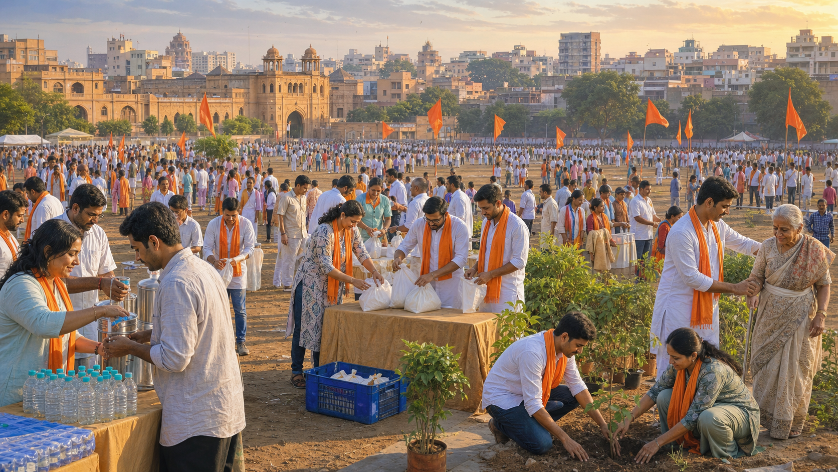 A peaceful gathering in Sambhajinagar leads into volunteer activities including distributing water, sorting food parcels, planting saplings and helping an elderly resident.