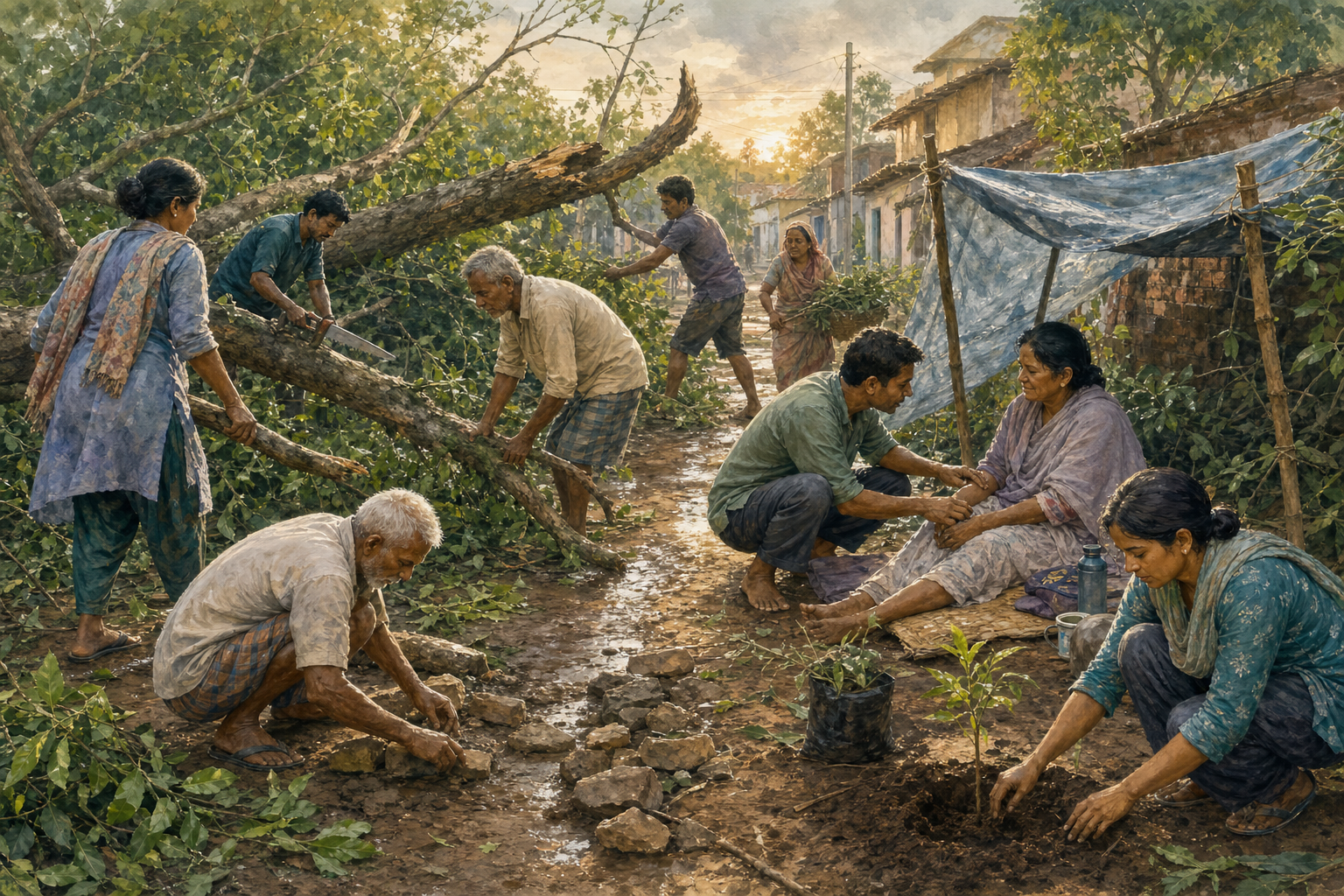 Community members clear a fallen tree, comfort an injured neighbor, repair a footpath, and plant a sapling after a storm.