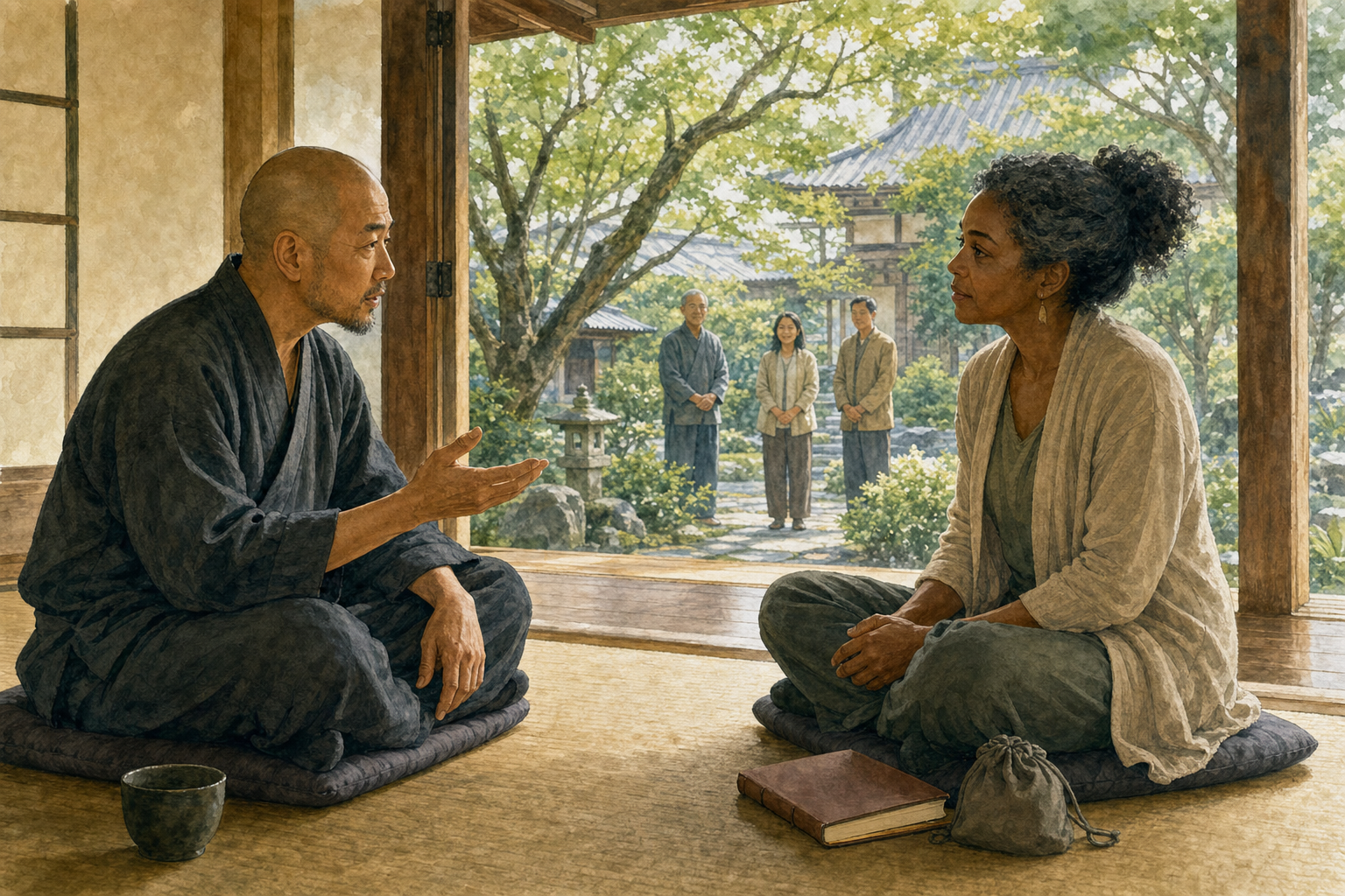 A Vaishnava mentor offers gentle correction to an adult student seated at the same level on an open veranda, with other community members visible in the distance.