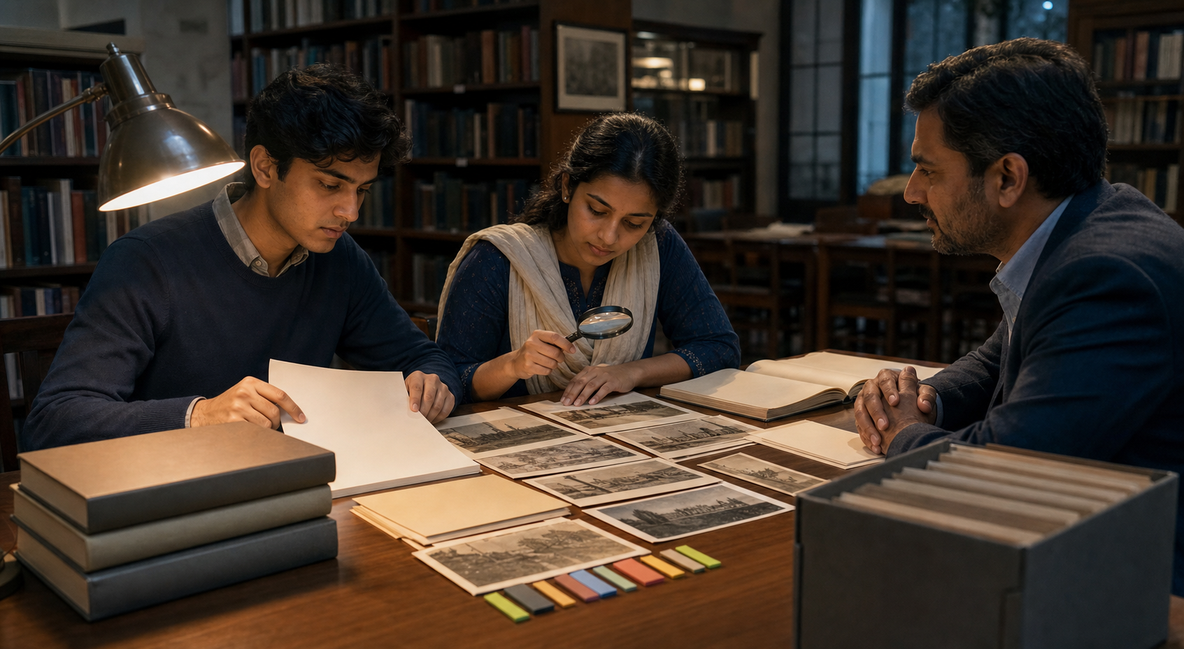 Two students and a faculty member review a course outline, books, archival photographs, and document facsimiles at a library table.