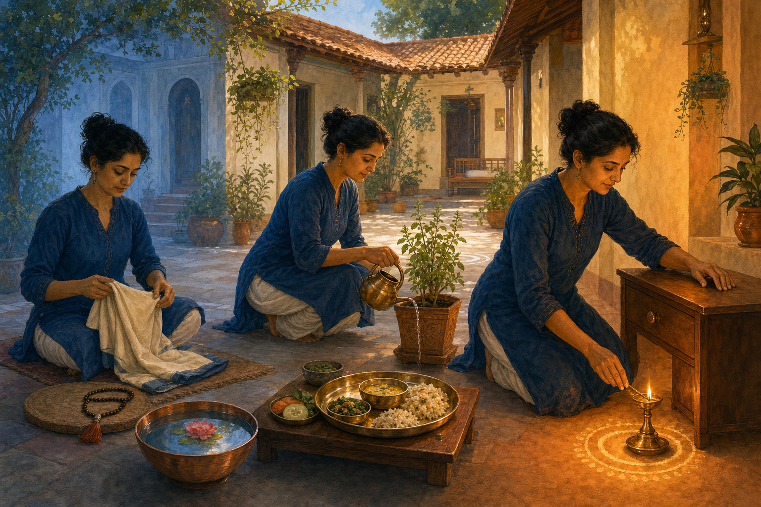 The same person is shown across a courtyard routine, folding a meditation cloth at dawn, watering a tulsi plant and preparing food in the morning, and putting away a phone before lighting a lamp in the evening.