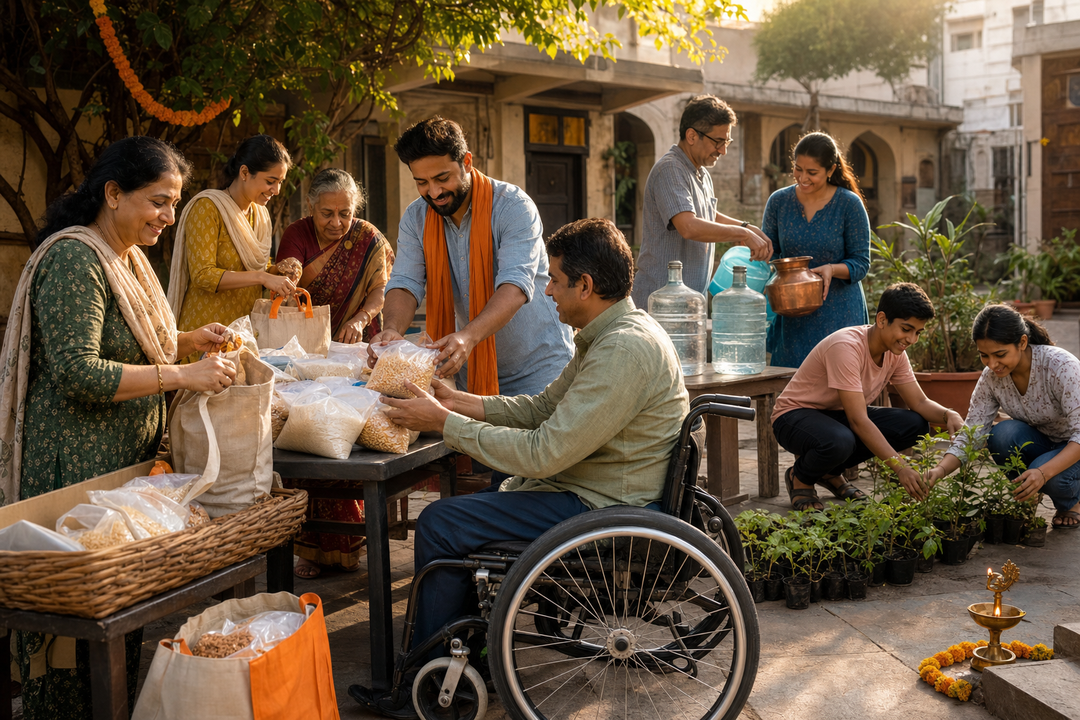 Volunteers of different ages prepare food kits, water containers and saplings together in a neighborhood courtyard, including a participant using a wheelchair.