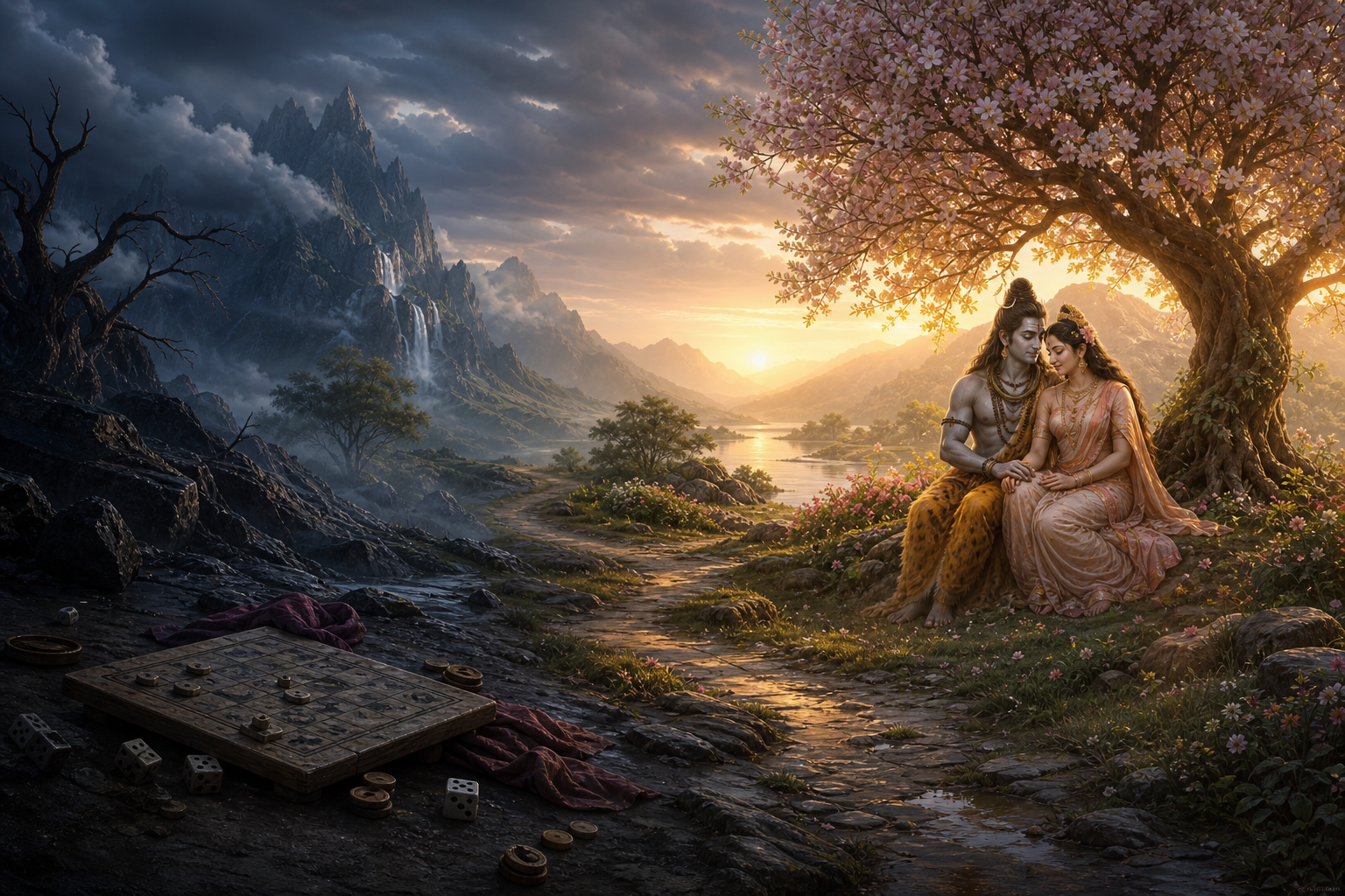 A scattered dice game lies beneath storm clouds while Shiva and Parvati sit reunited in warm light farther along a mountain path.