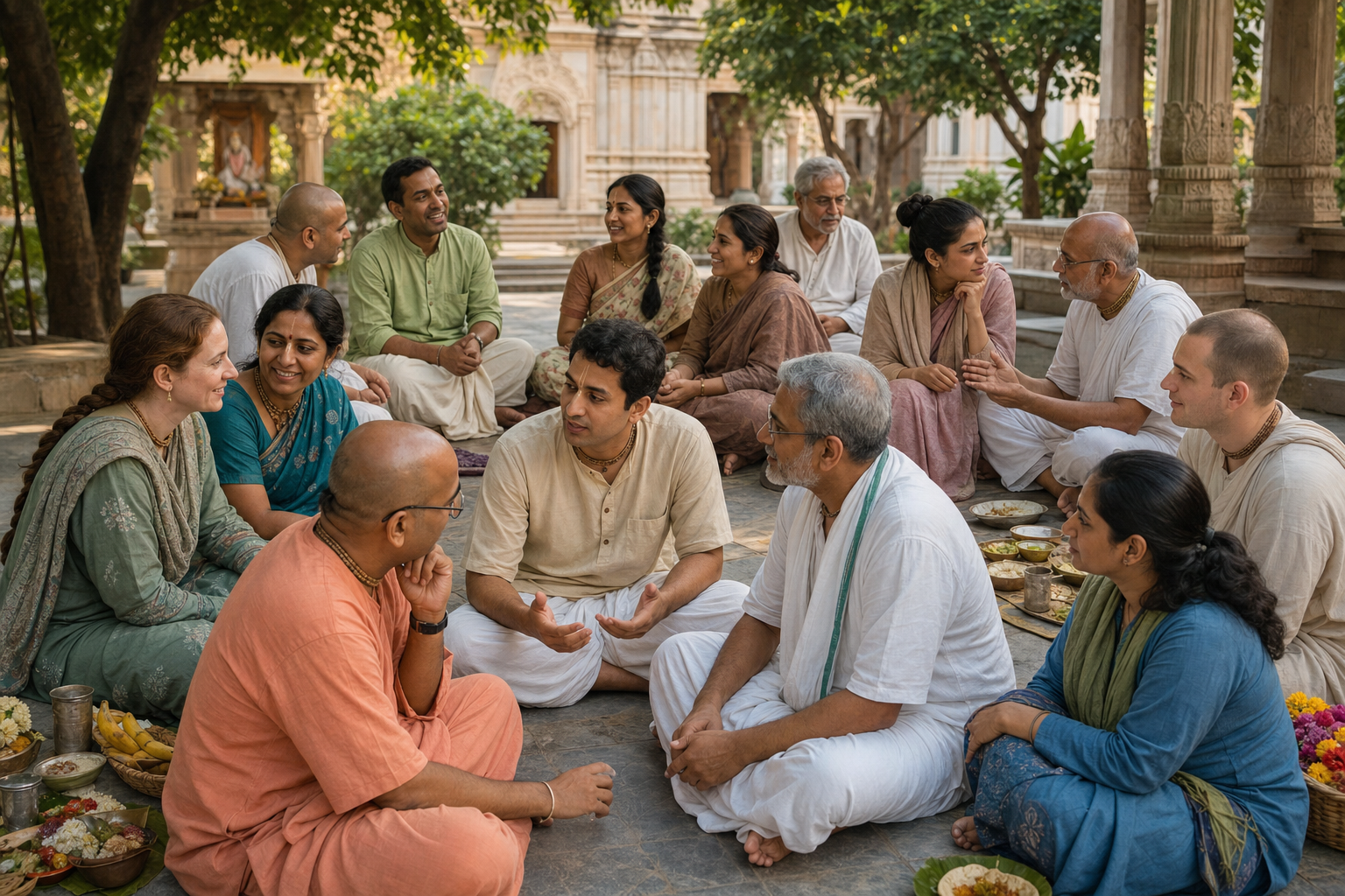 Vaishnava practitioners of different ages gather in a temple courtyard, where a seeker speaks with a mentor and other experienced community members.