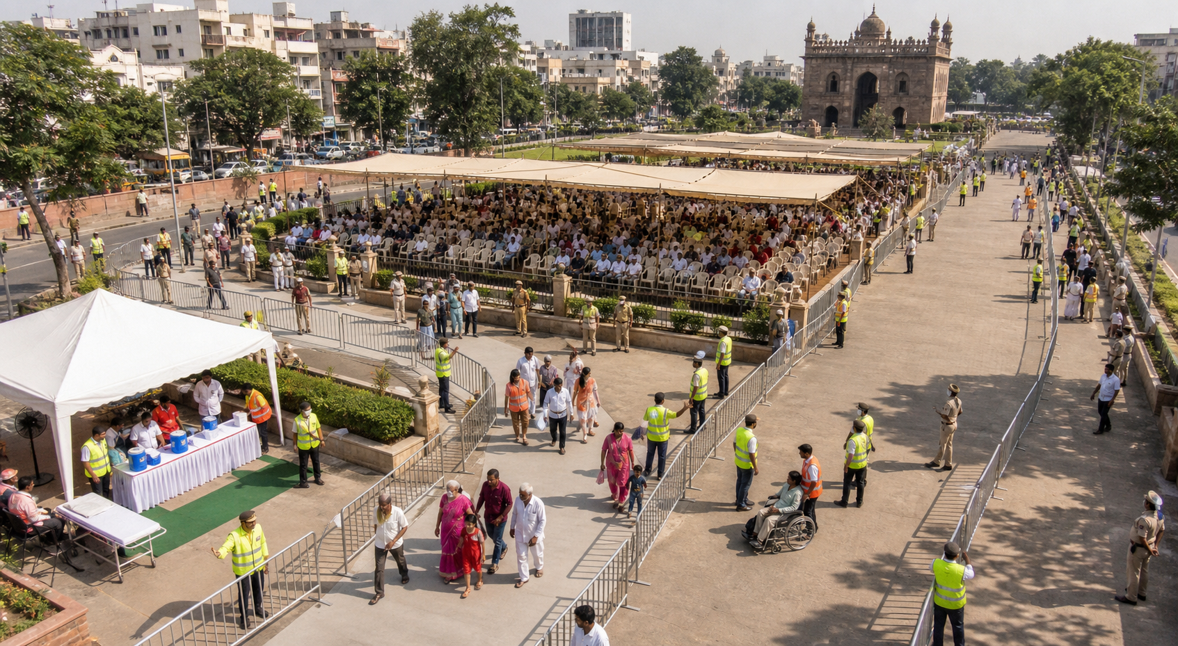 Volunteers guide a peaceful public gathering through separate entry and exit lanes beside an accessible route, hydration point and first-aid station.