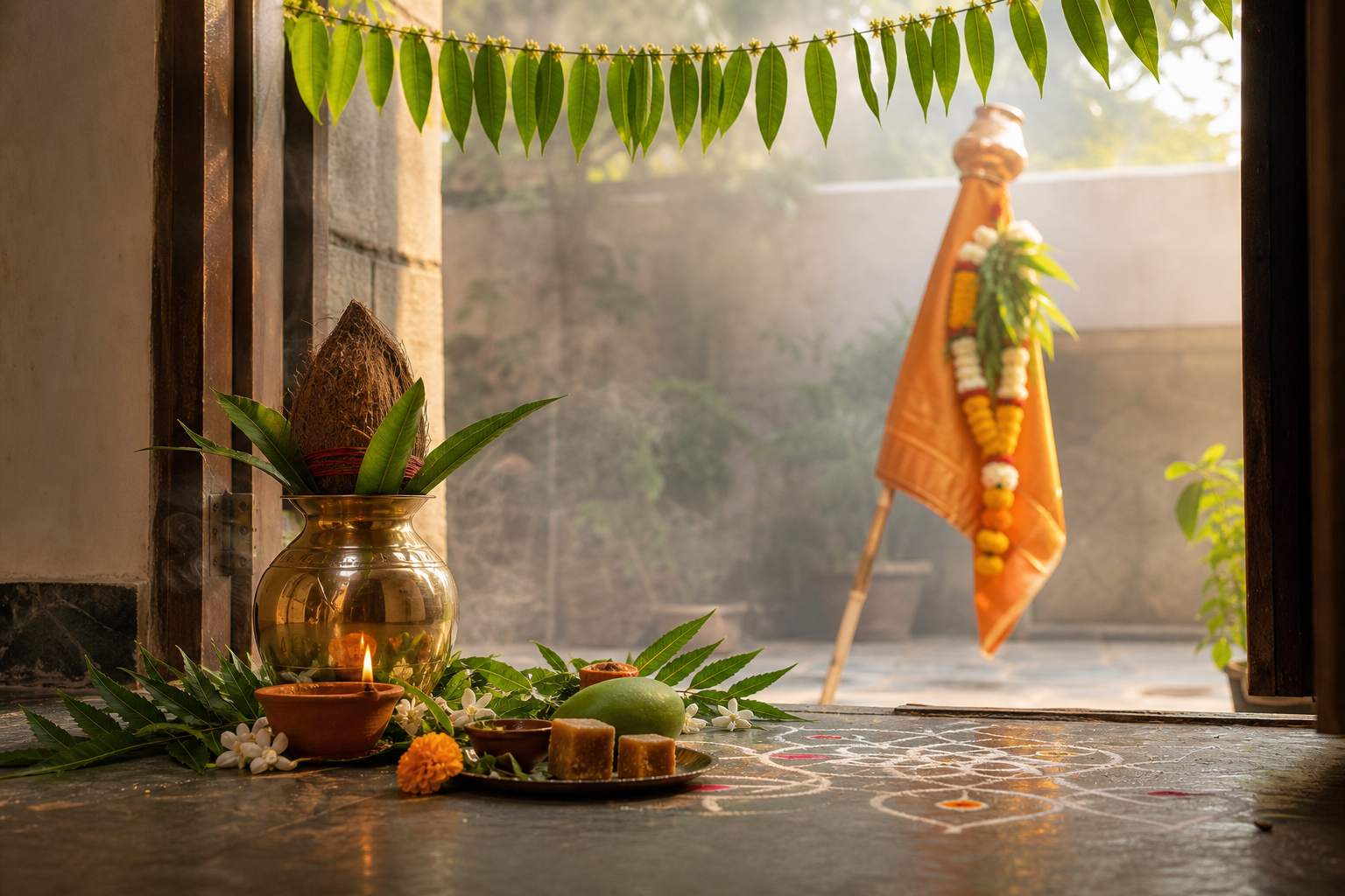 A sunrise New Year arrangement with a brass kalasha, oil lamp, neem, mango, jaggery, flowers, rangoli, mango-leaf torana, and a Maharashtrian gudi in the background.