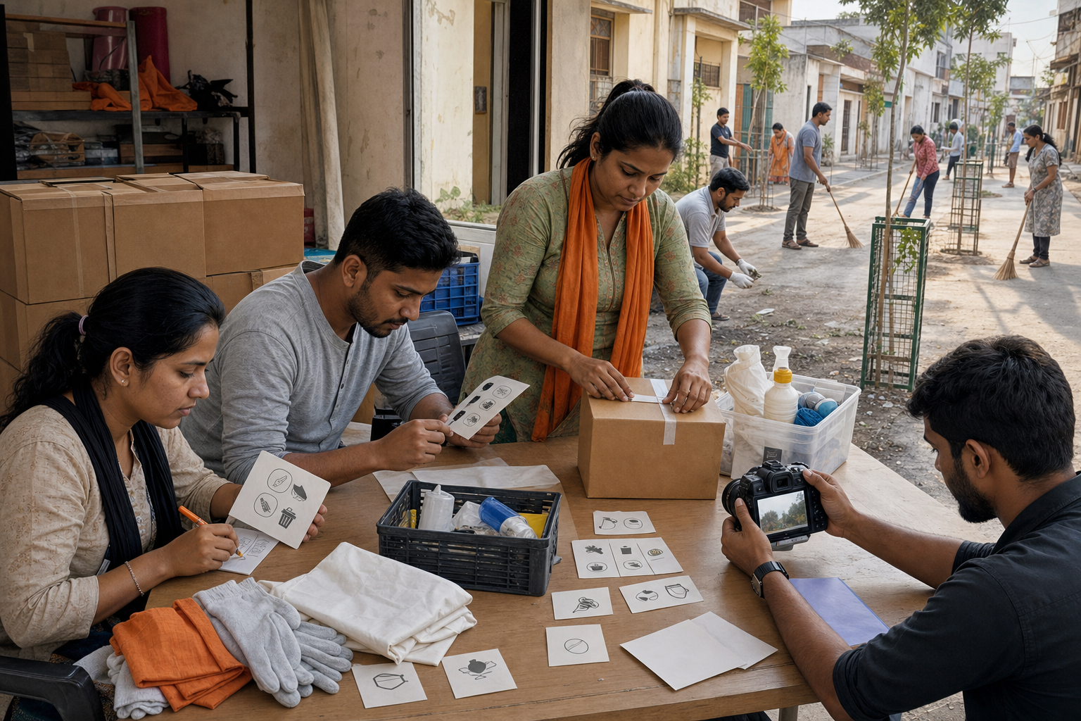 A volunteer team checks supplies, photographs and blank records while a cleaned lane and newly planted saplings are visible outside.