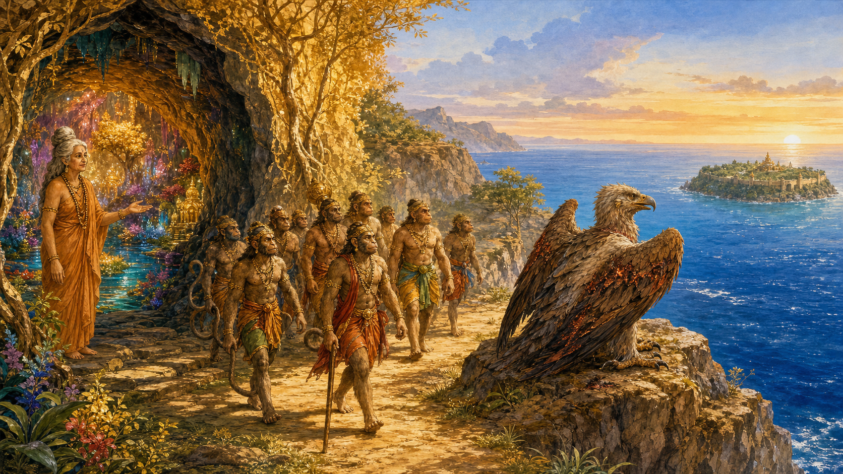 Swayamprabha guides a weary vanara search party out of a glowing cavern while the aged vulture Sampati looks from a coastal cliff toward a distant island across the sea.