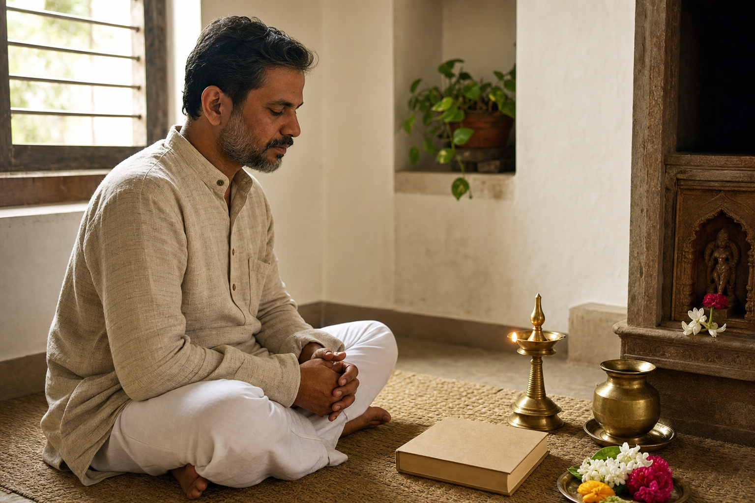 A person sits in quiet reflection before an oil lamp, brass vessel, flowers, and a closed unmarked almanac in a home prayer space.