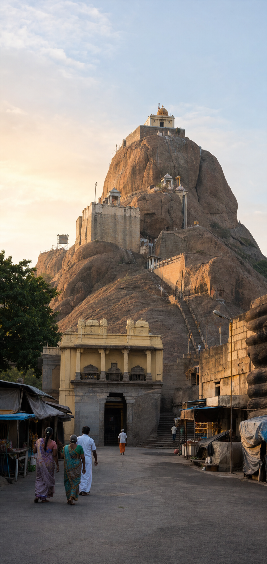 Rockfort's granite hill and summit shrine rising above Tiruchirappalli as pilgrims arrive in the early morning.