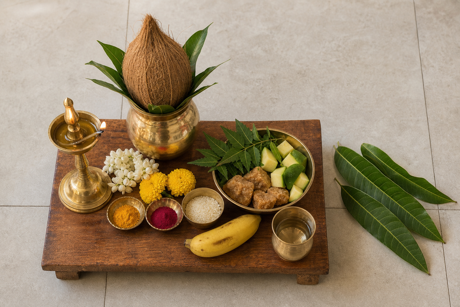 A simple home observance setup with an oil lamp, kalasha, flowers, rice, turmeric, kumkum, fruit, water, neem leaves, raw mango, and jaggery.