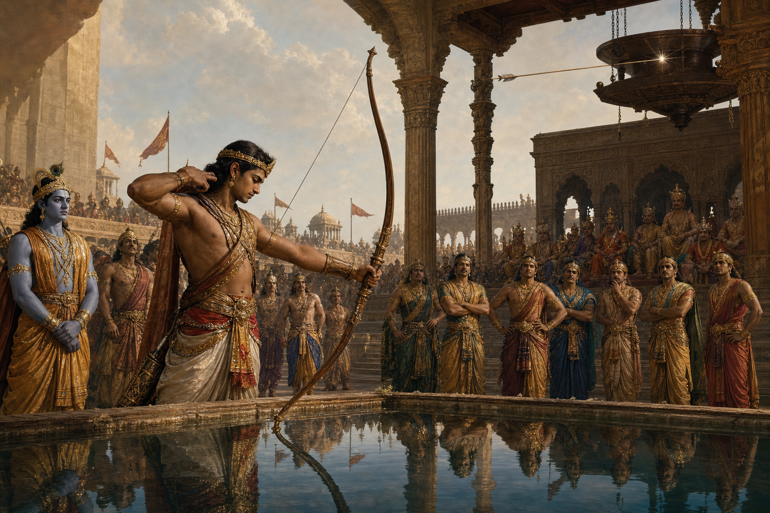 Arjuna releases an arrow while aiming through the pool's reflection and narrowly misses the concealed fish apparatus as Krishna watches.