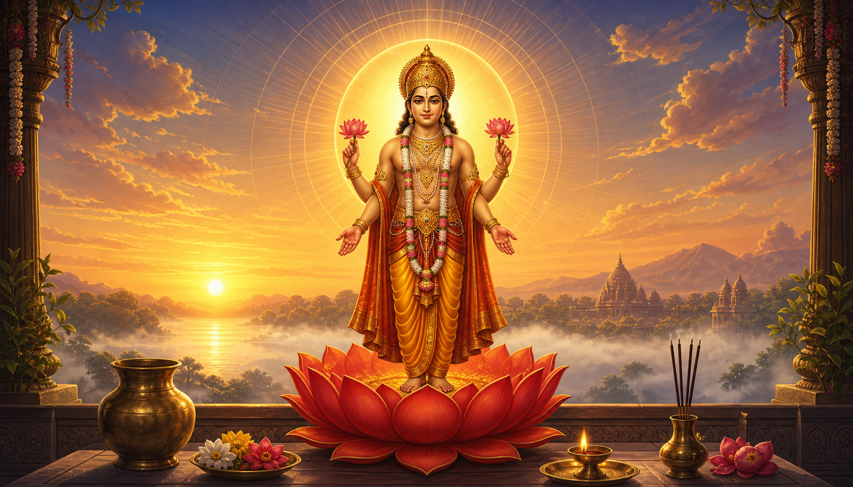 Luminous solar deity standing on a lotus above a simple household altar at sunrise.