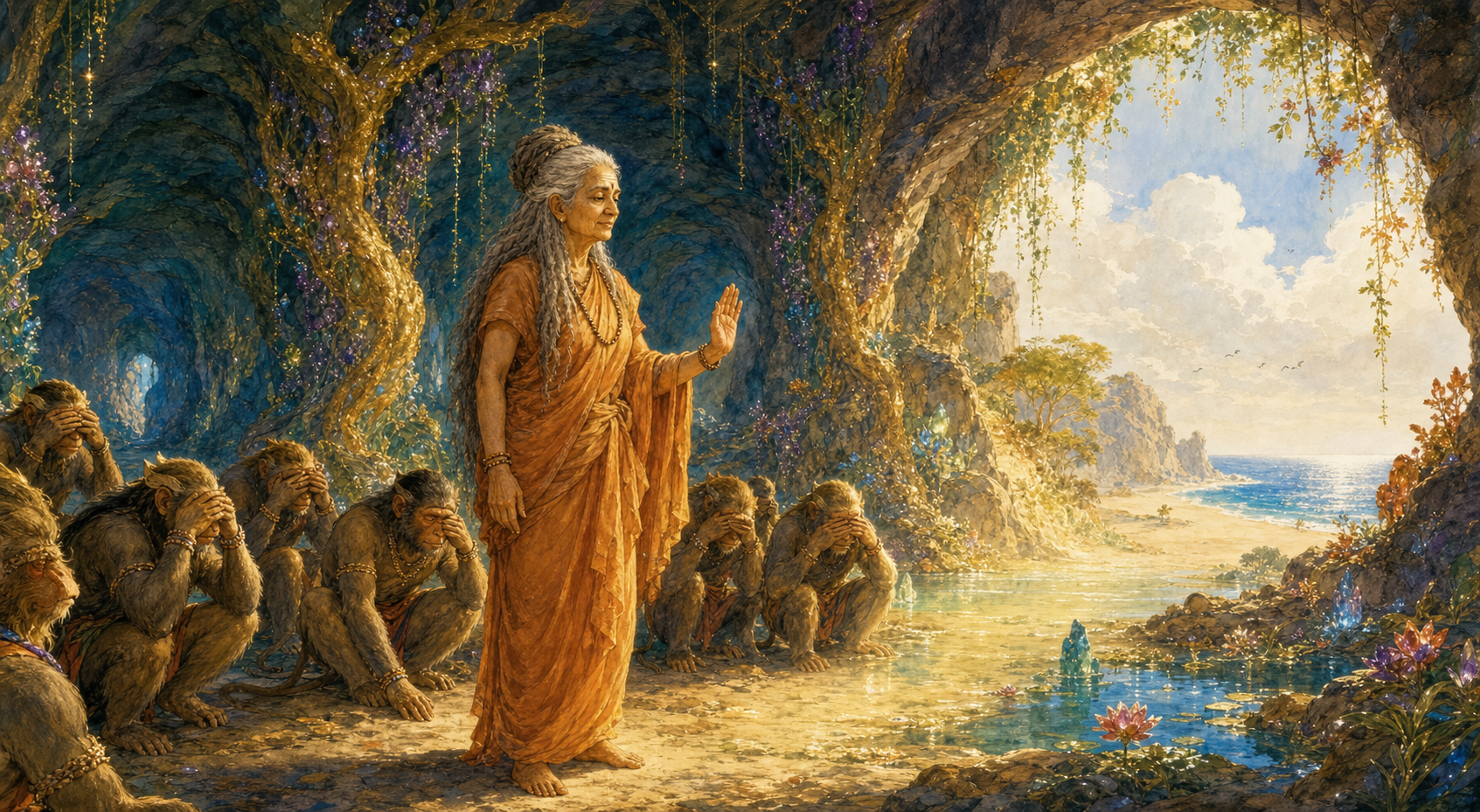 The ascetic Swayamprabha stands beside vanara warriors with their eyes covered as golden light leads from an enchanted cavern to the open seashore.