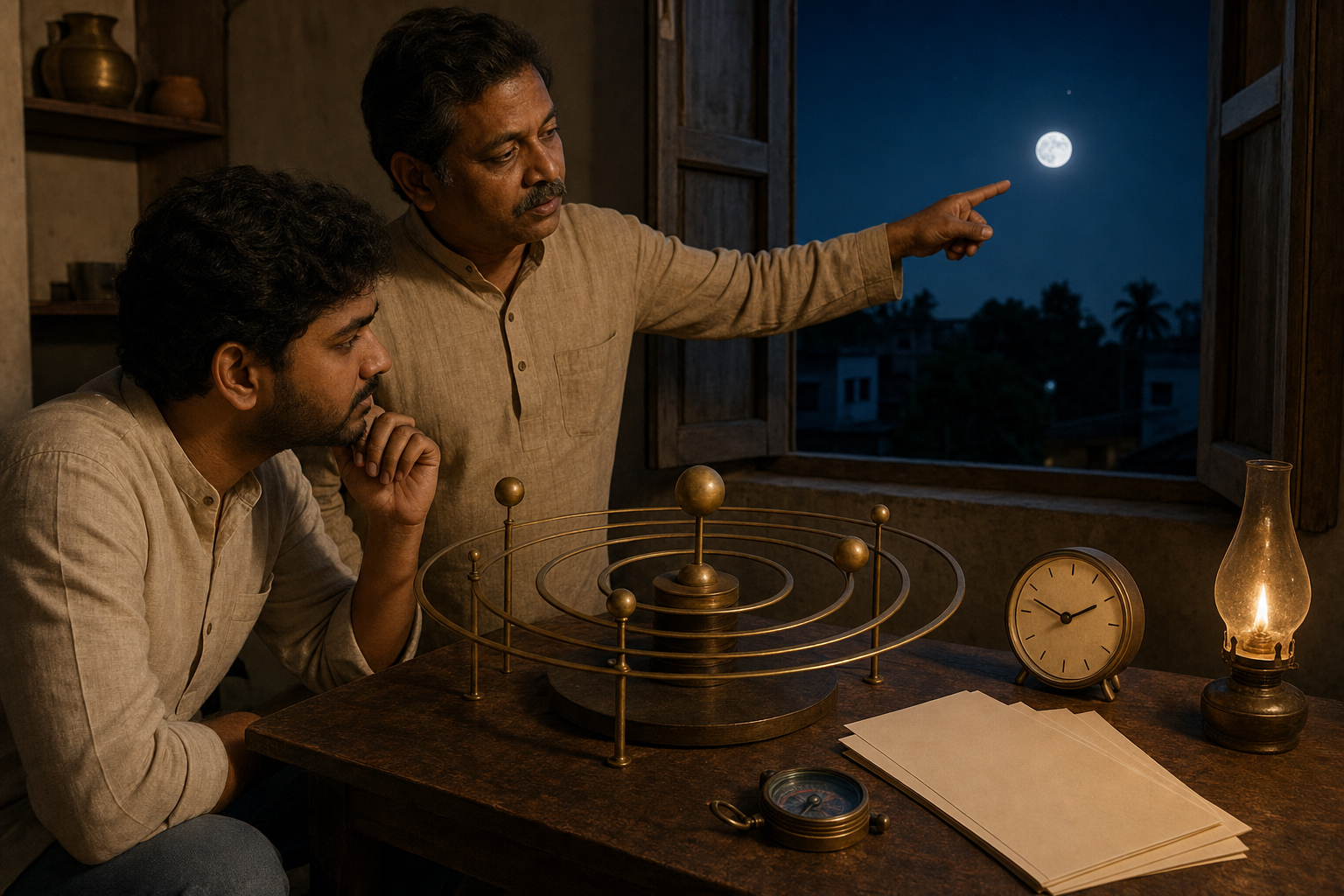Two people compare the Moon in the night sky with an unlabeled brass celestial model beside a window.