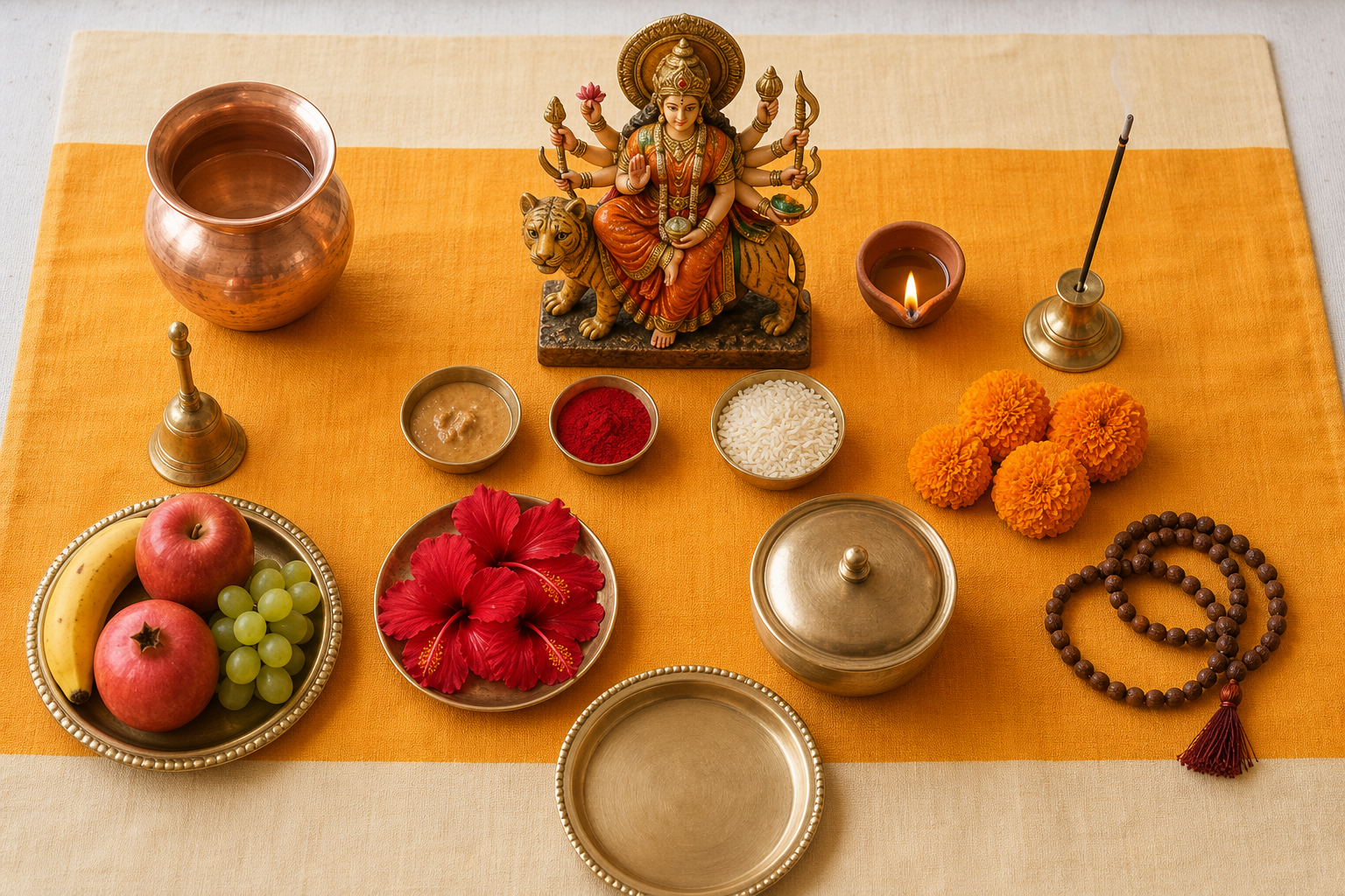 An overhead view of a compact Kushmanda altar with a murti, water vessel, lamp, incense, bell, flowers, fruit, naivedya, and prayer beads.