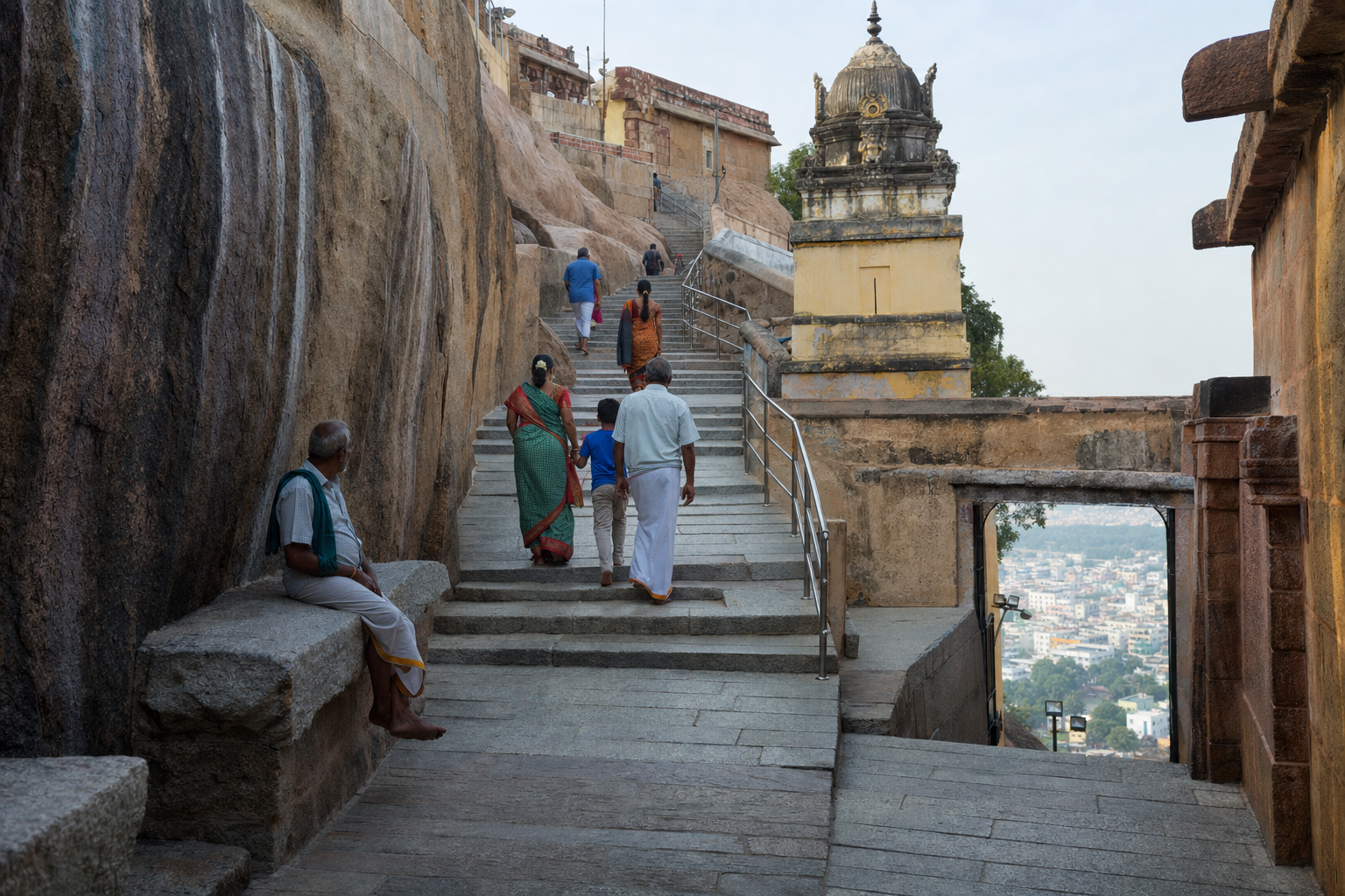 Pilgrims pause on the stone steps between shaded temple passages during the ascent of Trichy Rockfort.