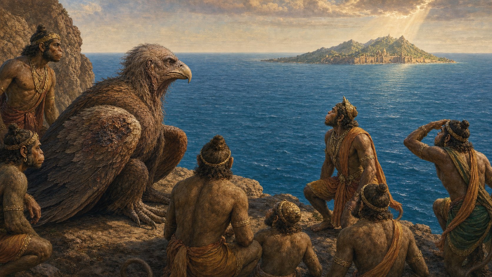 The aged, fire-scarred vulture Sampati rests on a coastal cliff as vanara warriors follow his gaze across the sea toward a distant fortified island.