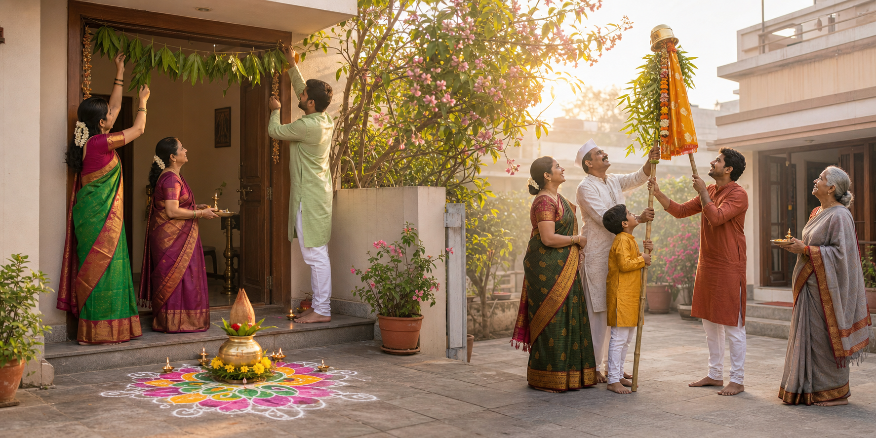 Neighboring families prepare for Ugadi with a mango-leaf torana and kalasha and for Gudi Padwa with a raised gudi at sunrise.
