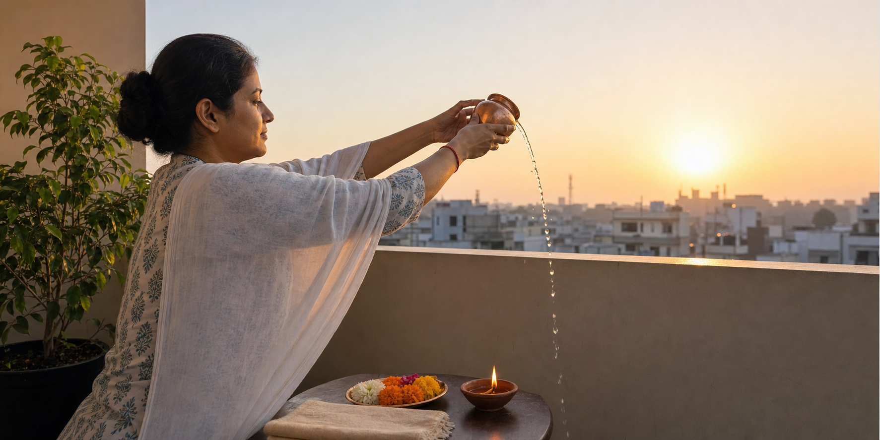 A devotee offers water toward the rising sun beside a simple lamp and flowers.