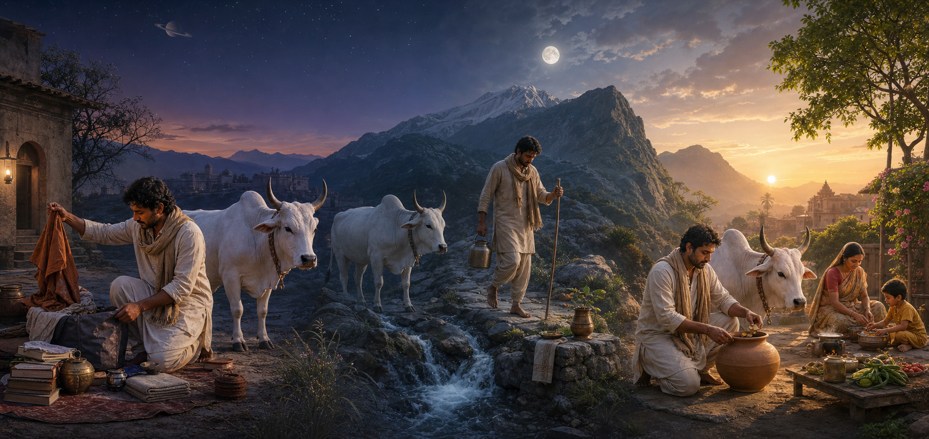 A traveler and white bull pass through three connected scenes of letting go, personal endurance, and household stability.