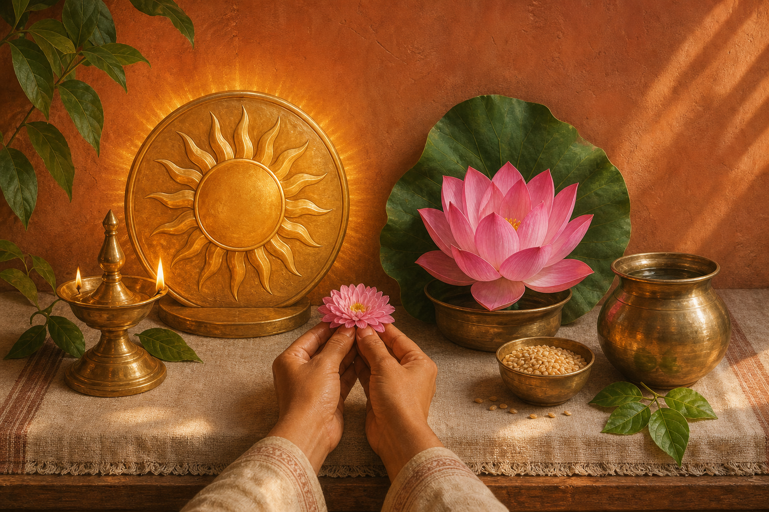 A modest altar pairs a radiant sun disk with a pink lotus, grain, water, and a single flower offering.