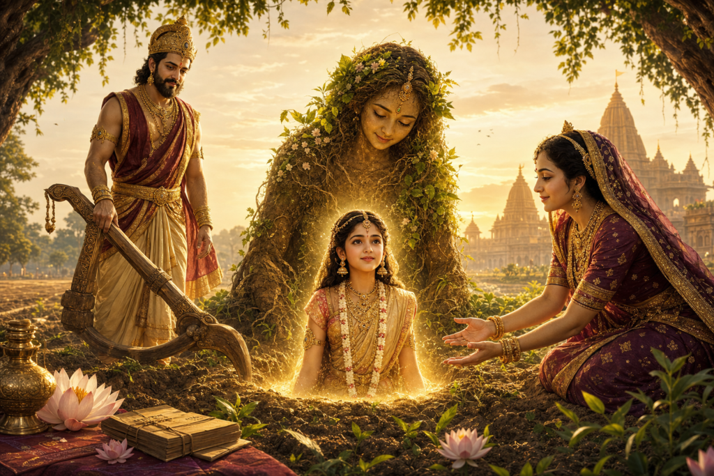 Ramayana-inspired digital art of young Mata Sita emerging from a glowing furrow, with Bhumi Devi, King Janaka, and Queen Sunayana in ancient Mithila.