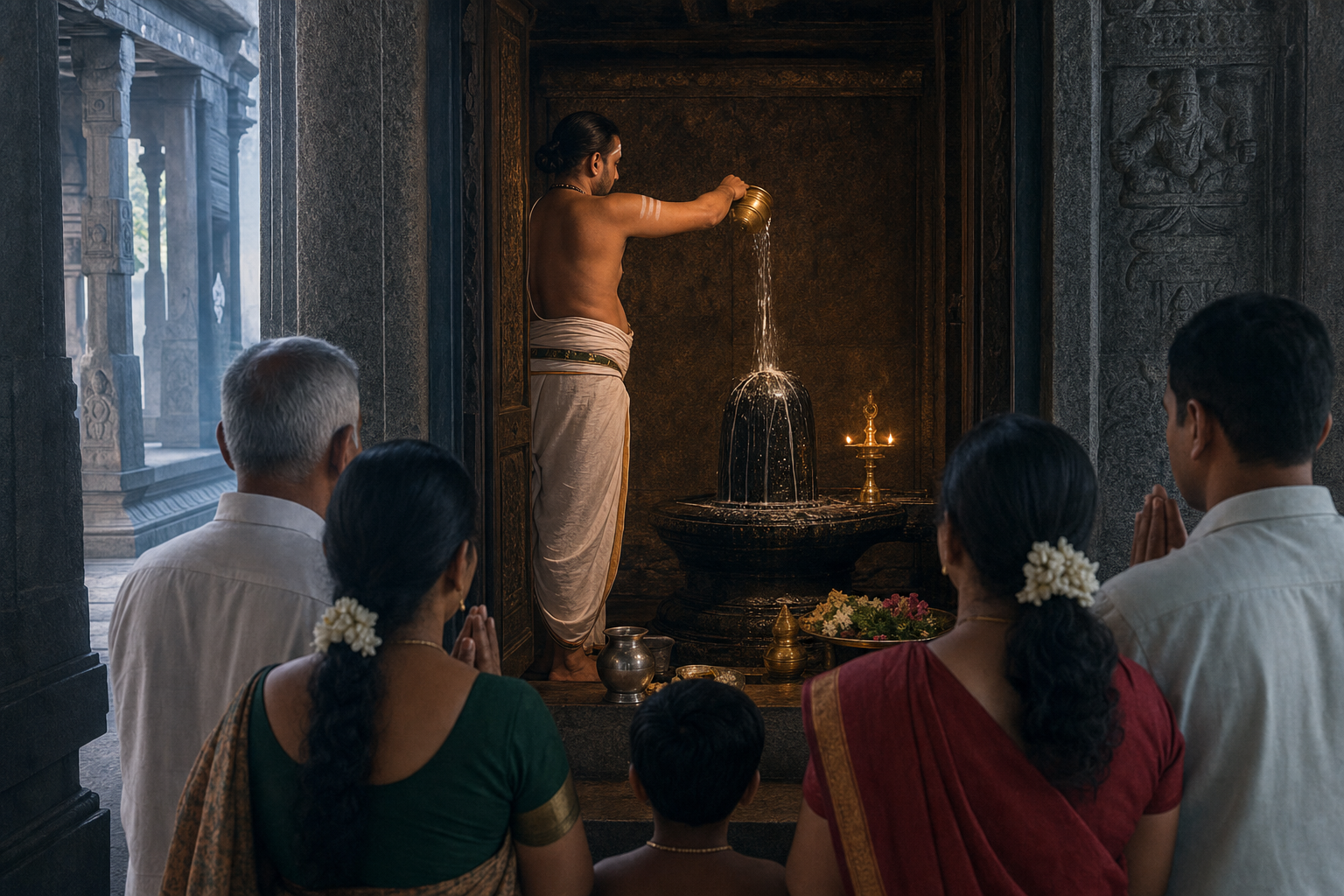 Devotees watch from a stone temple hall as a priest pours water over a Shiva lingam during Abhishekam.