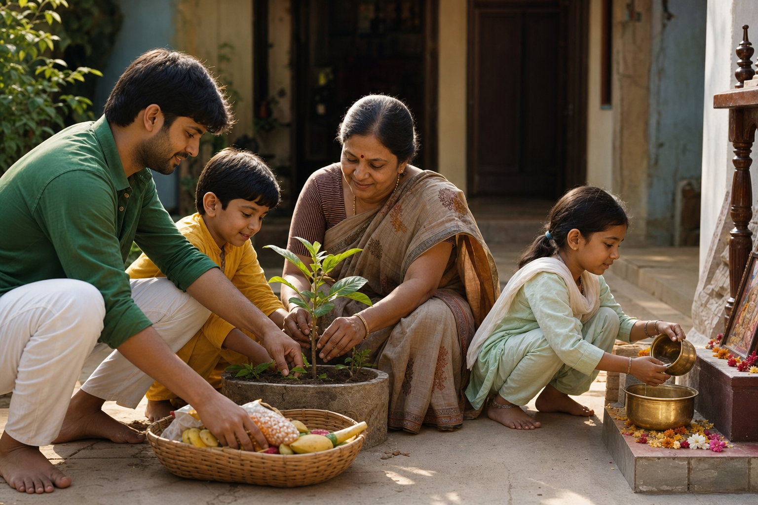 Three generations tend a young sapling, prepare a donation basket, and refill a water bowl in a sunlit home courtyard after the festival.