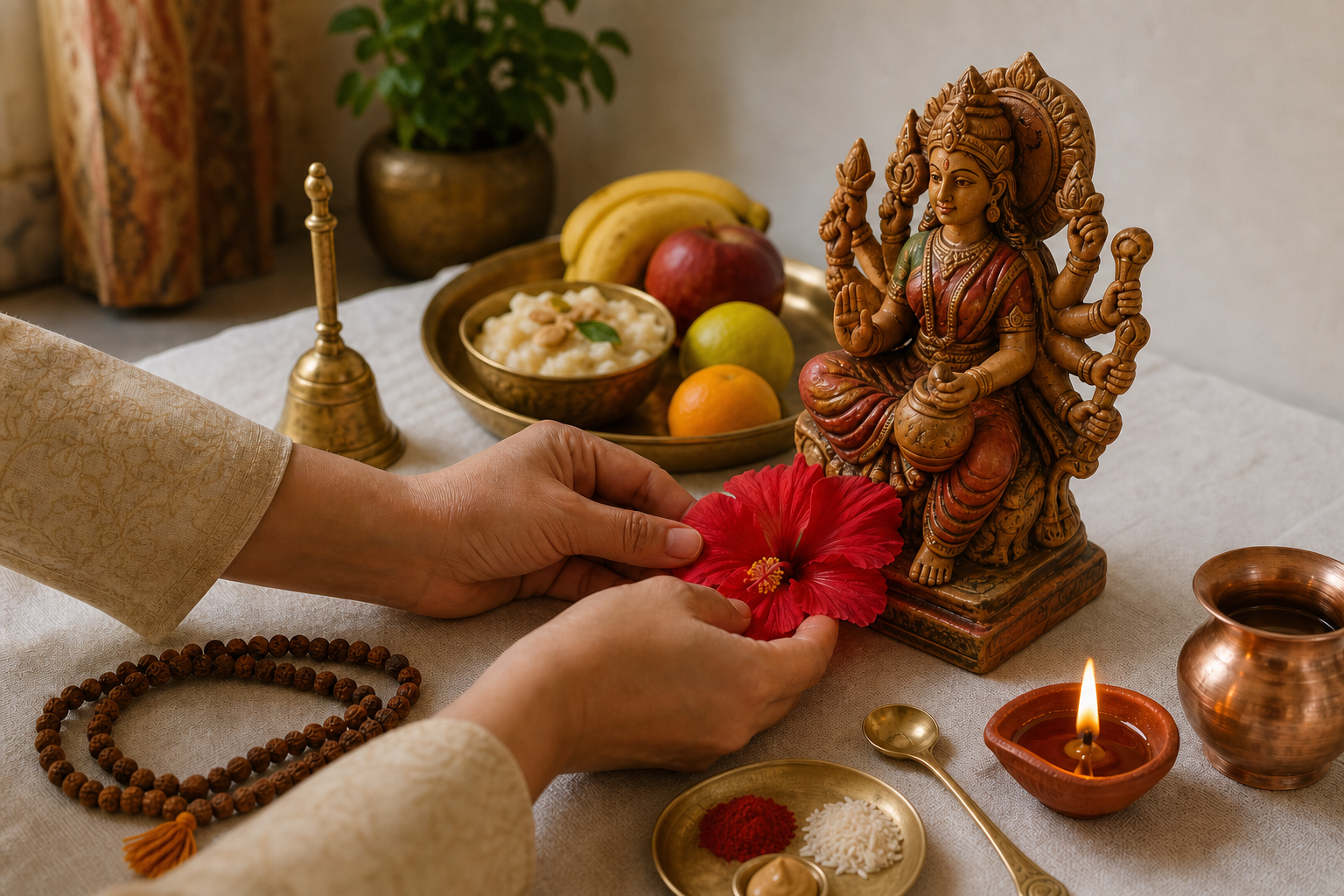 Hands offer a hibiscus flower during a household puja beside a lamp, water vessel, ritual powders, prayer beads, fruit, and naivedya.