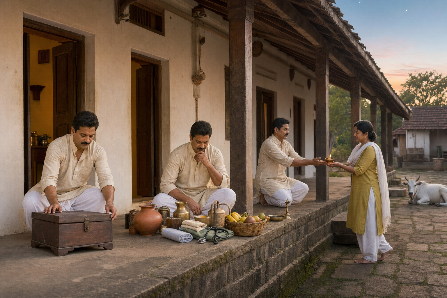 A person moves along a veranda from storing an old box to organizing household duties and passing a lamp to a family member.
