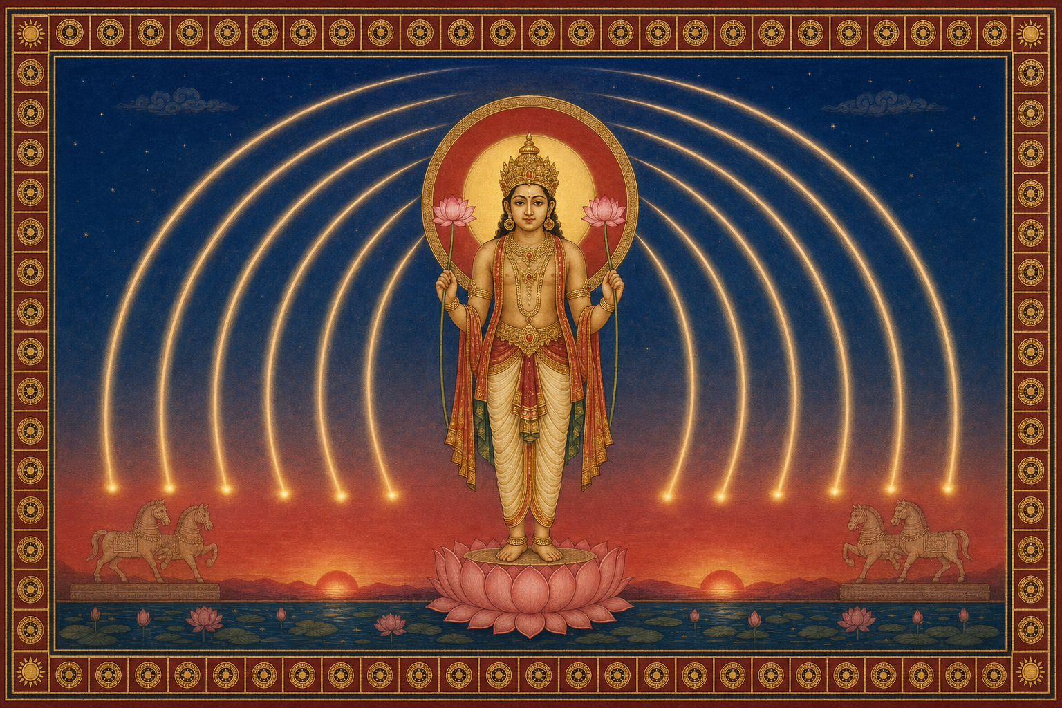 A symmetrical solar deity with a radiant halo and two lotuses is surrounded by twelve arcs of dawn light.