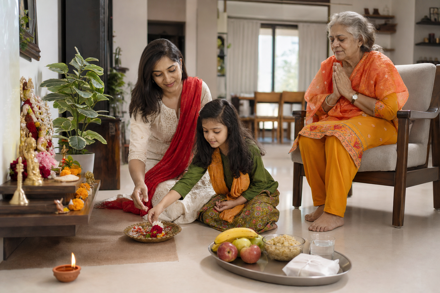 A multigenerational family joins a simple home puja as a child places a flower near a tray of fruit, cooked food, and water.