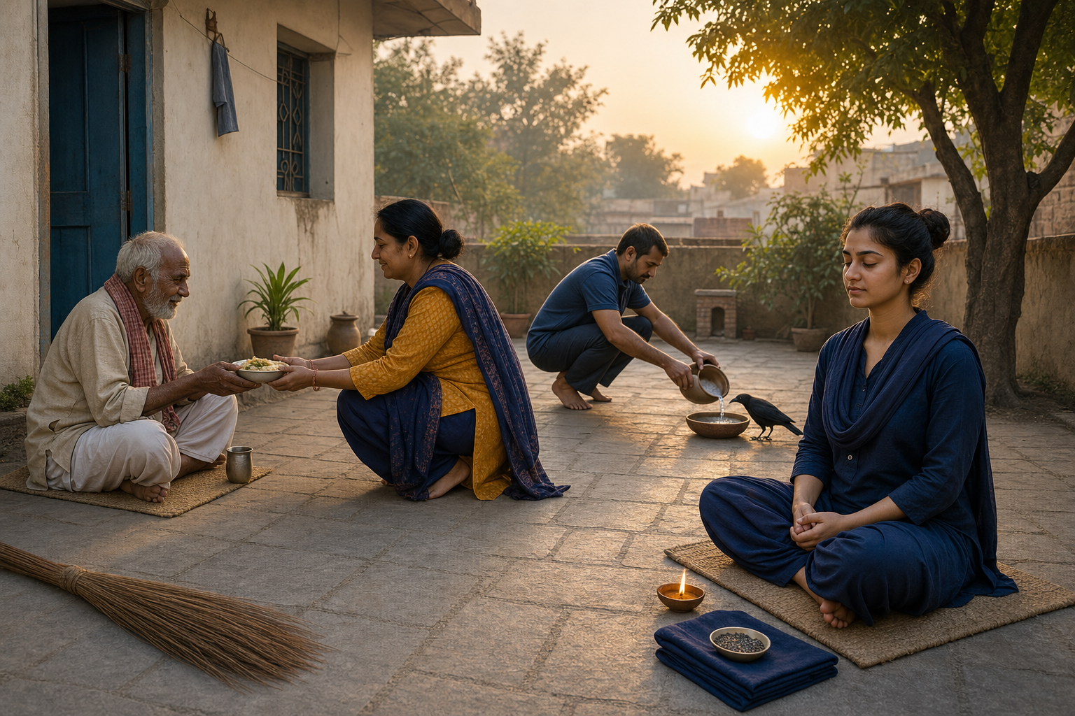 People in a dawn courtyard share food with an elder, provide water for a bird, meditate, and keep the space clean.