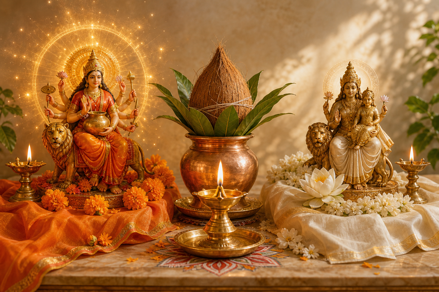 A brass lamp and copper kalash on a home altar, with radiant marigolds on one side and white lotuses beside a mother-and-child figure on the other.