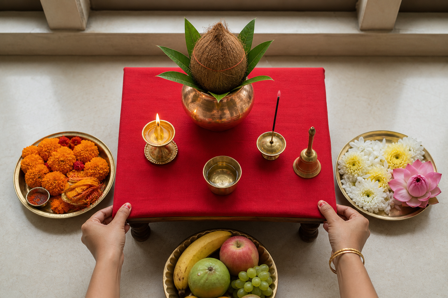 An overhead view of hands arranging a Navratri altar with a kalash, lamp, bell, fruit, and separate trays of orange and white flowers.