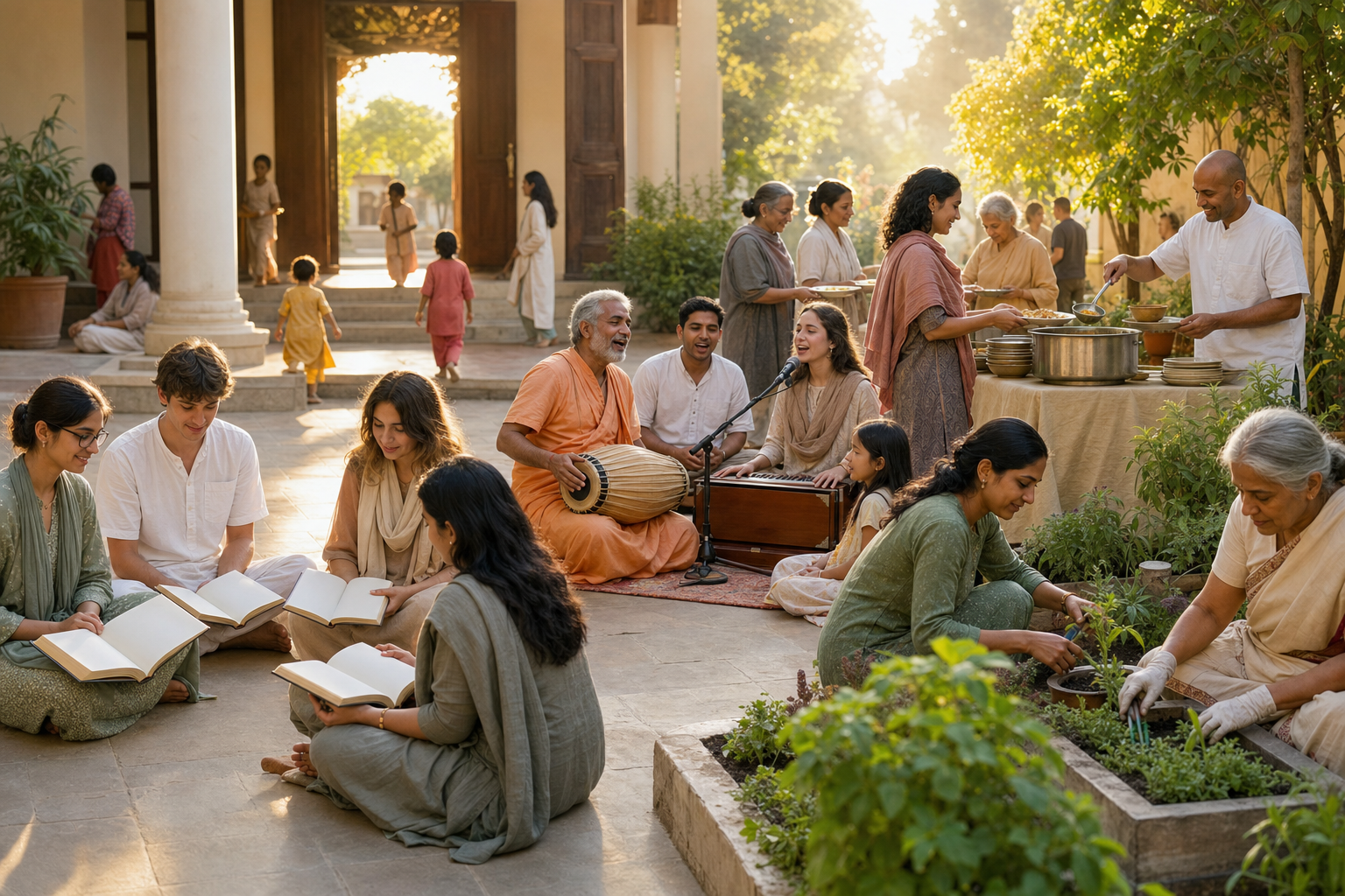 A multigenerational community studies, makes music, gardens, and serves vegetarian meals in a sunlit courtyard.