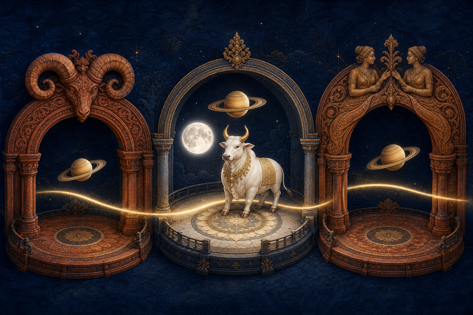 Saturn is shown at three points along a celestial path that approaches, crosses, and moves beyond a Moon and white bull.