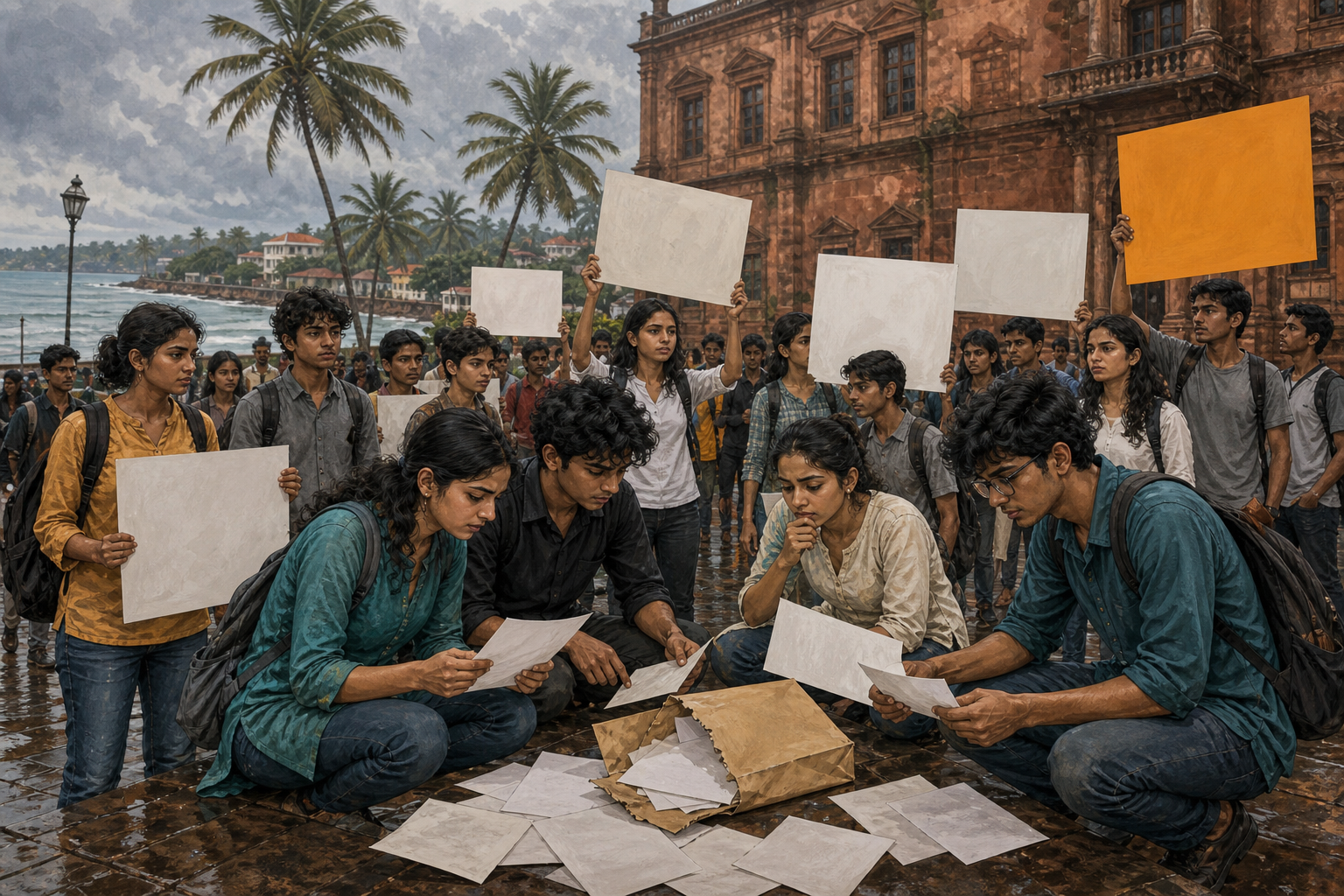 Illustration of Indian students holding blank placards at a protest, with unmarked exam papers and an opened envelope at the center and one contrasting placard at the edge.