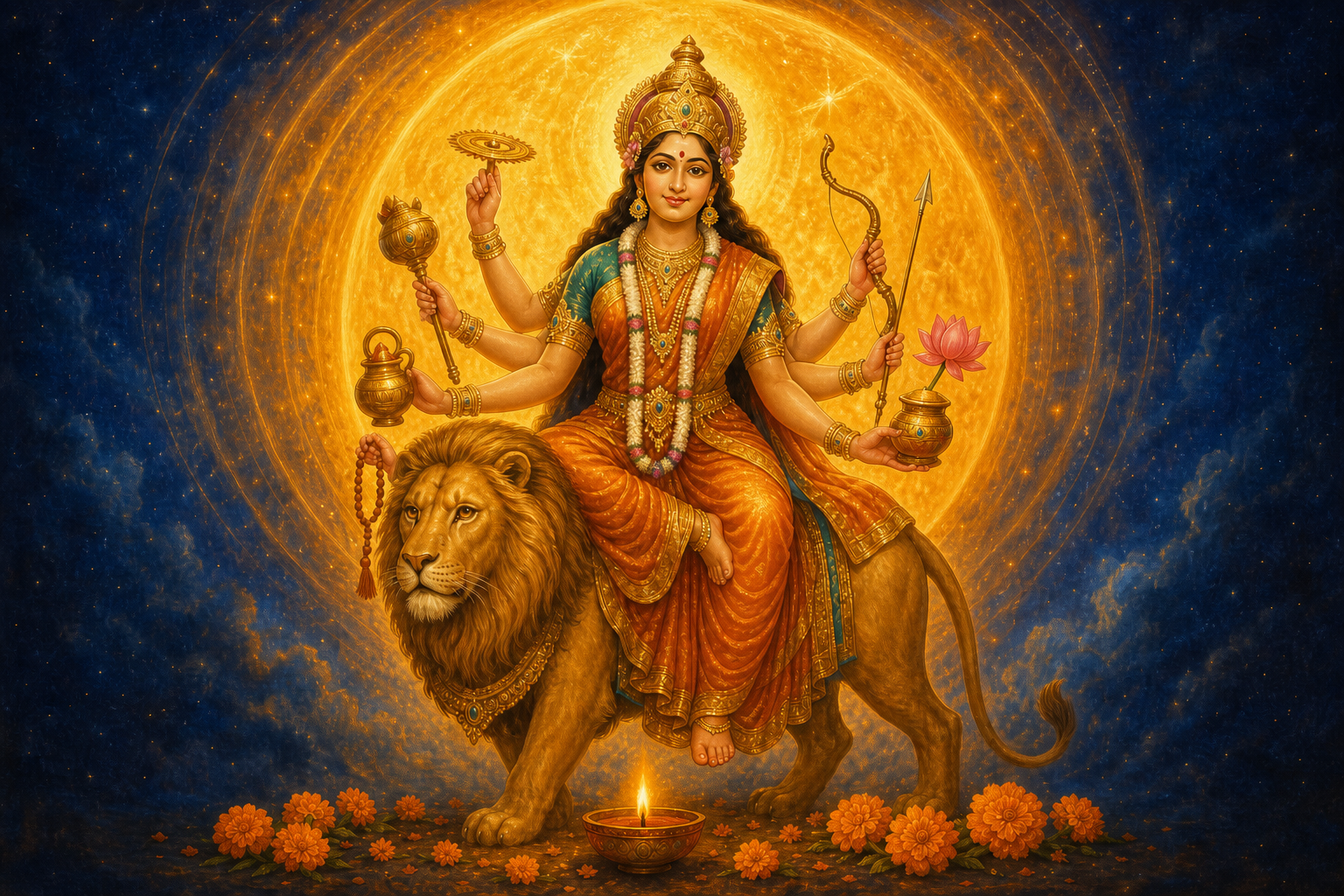 Goddess Kushmanda seated on a lion with eight arms holding sacred attributes, surrounded by golden cosmic light and orange marigolds.
