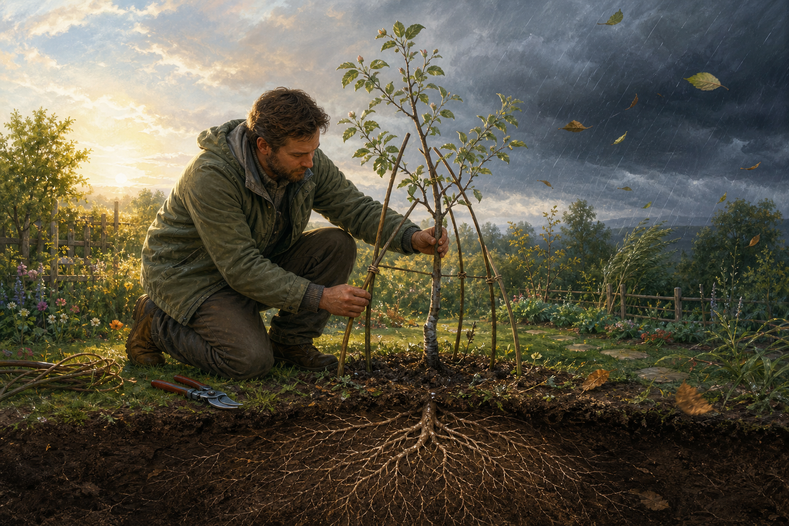 A gardener adjusts flexible supports around a young fruit tree while wind and rain approach from one side of the garden.