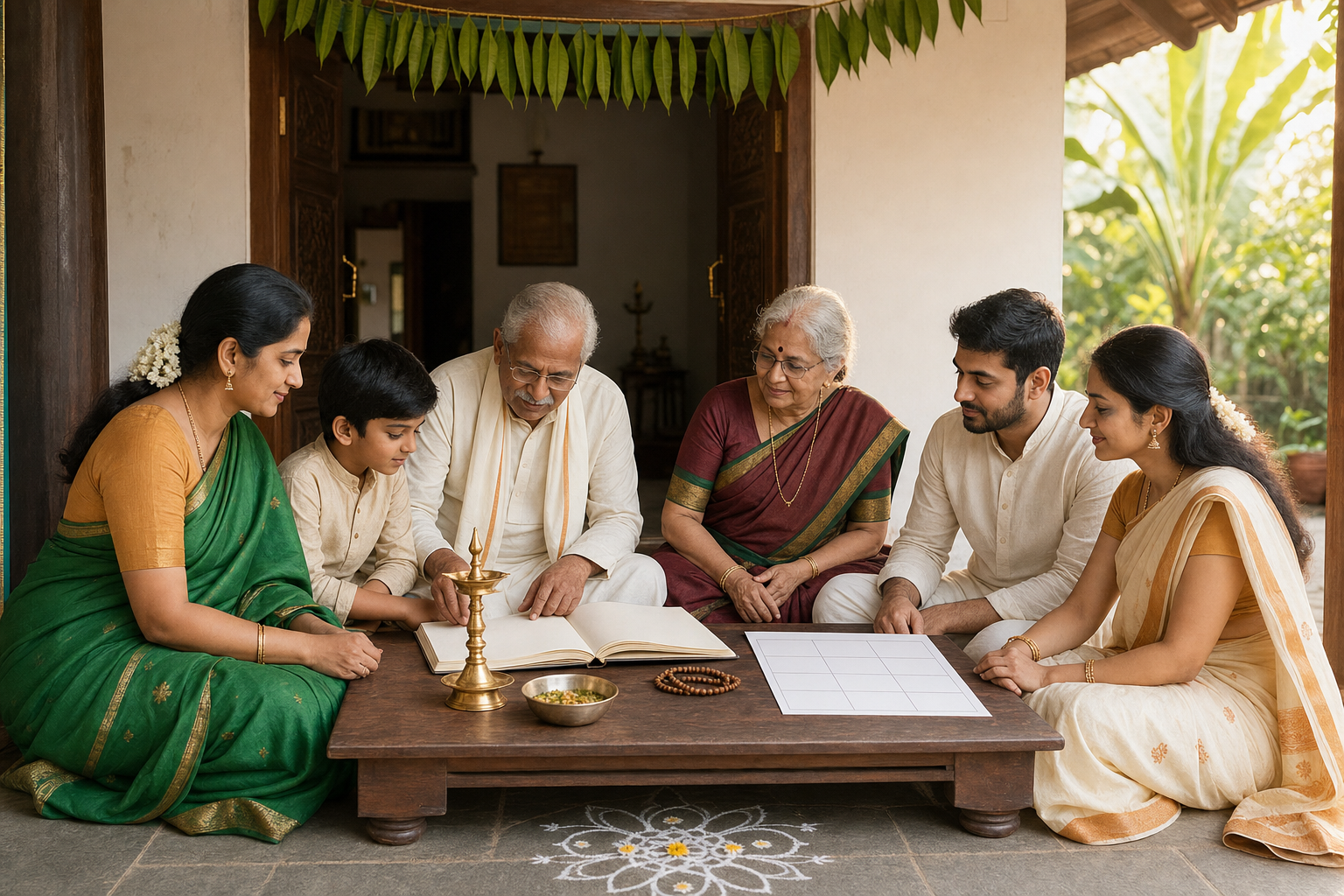 A South Indian family prepares for Ugadi around a low table with a brass lamp, neem and jaggery, prayer beads, and a blank household ledger.